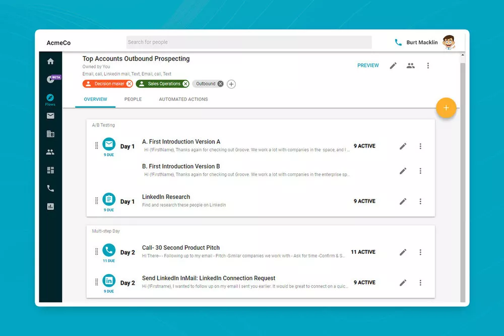 Screenshot of a report showing automated actions for outbound prospecting in Groove