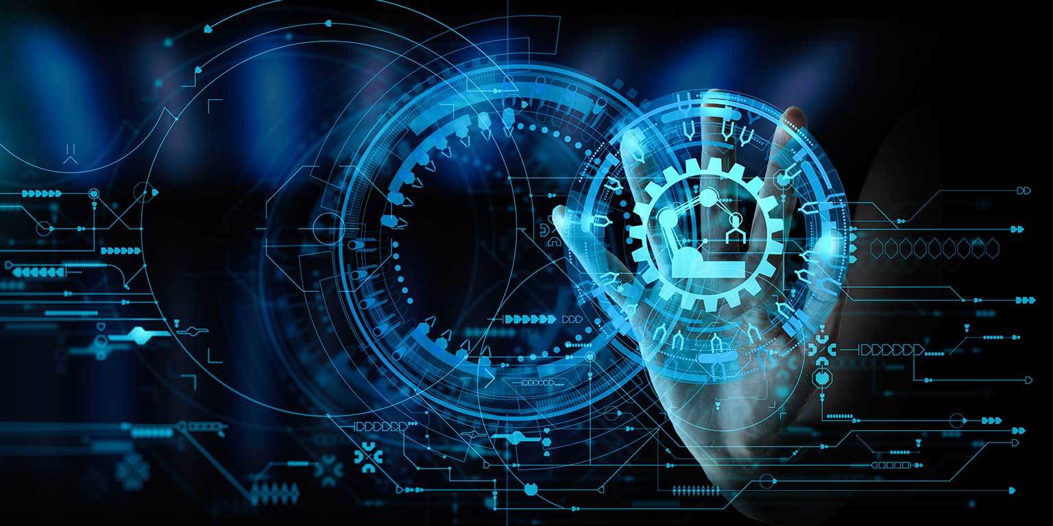 Illustration of a heads up display overlapping a photograph of a hand touching a screen