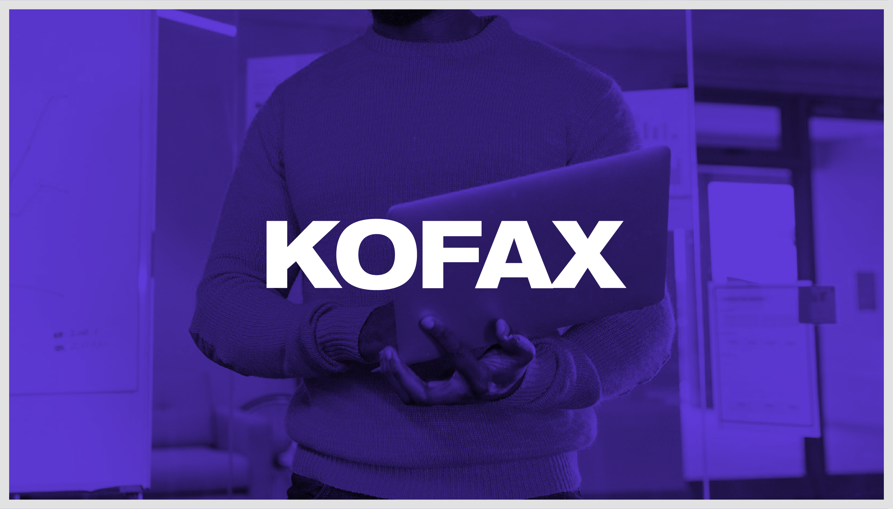 Kofax logo overlapping a photograph of a revenue leader holding a laptop
