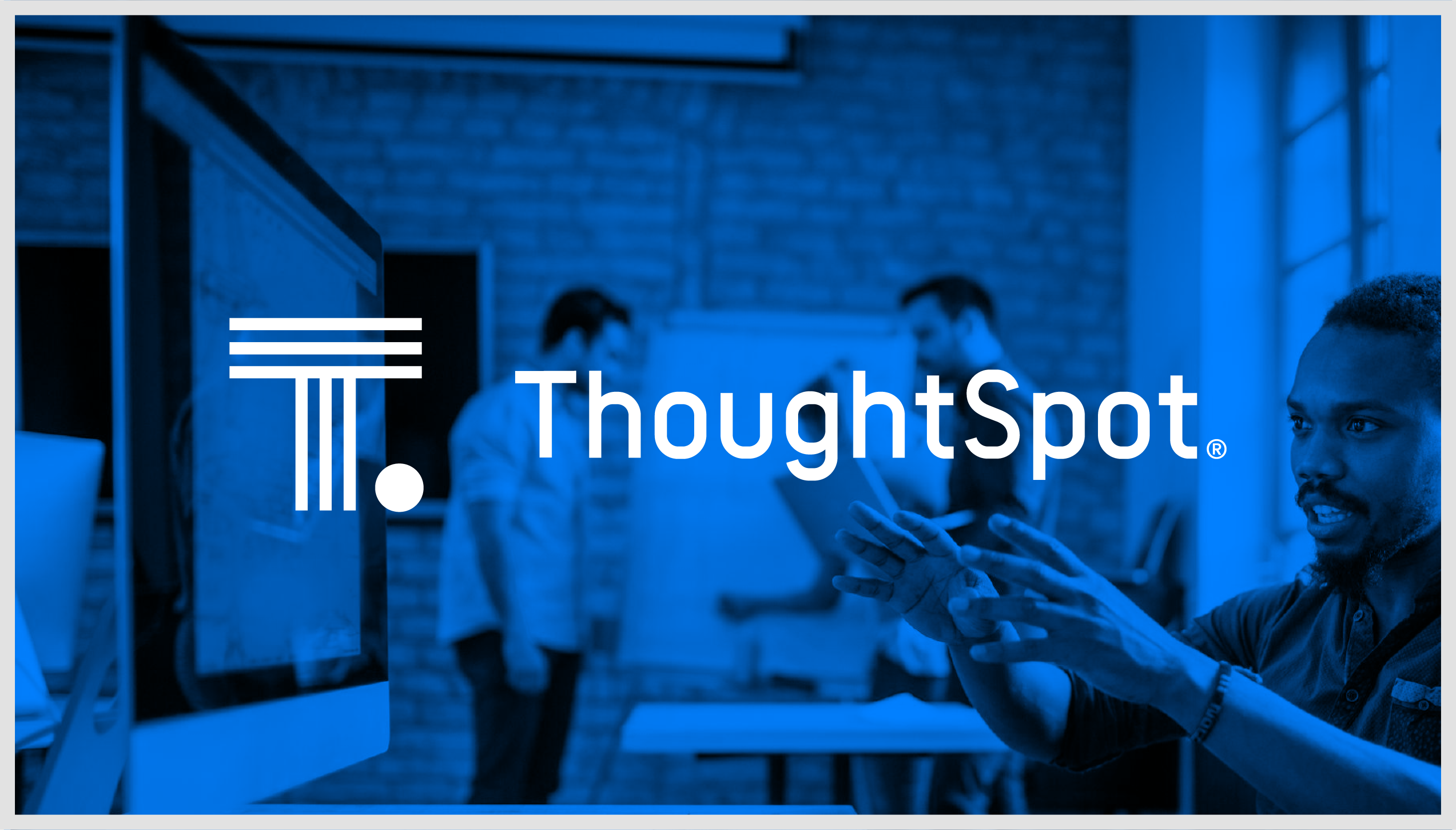 ThoughtSpot logo overlapping a photograph of a revenue leader pointing to a report on a computer screen