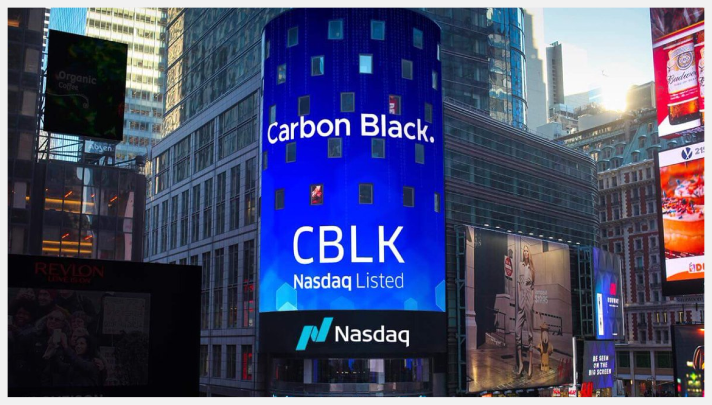 Photograph of Carbon Black logo on the Nasdaq billboard