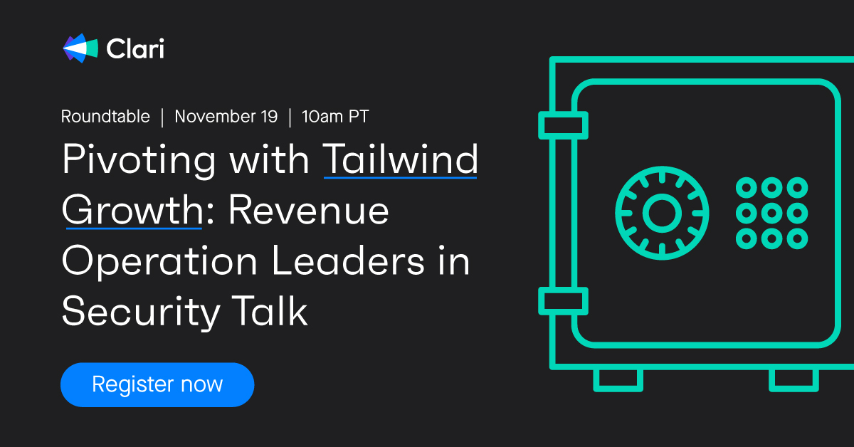 Banner for roundtable titled Pivoting with Tailwind Growth: Revenue Operation Leaders in Security Talk with icon of a safe on a black background