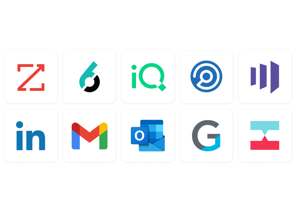 Logos of ZoomInfo, 6sense, LeadIQ, Highspot, Marketo, LinkedIn, Gmail, Outlook, and more