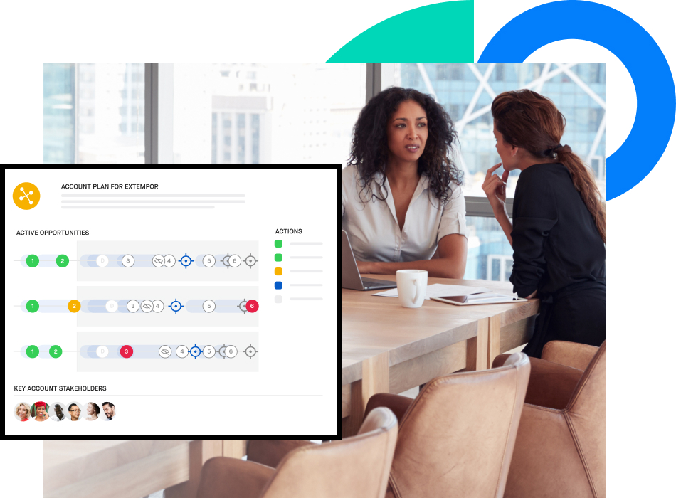 Stylized screenshot of a Clari mutual action plan overlapping a photograph of two revenue professionals talking at a conference table